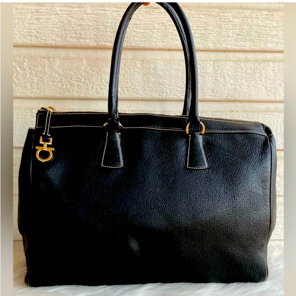 SALVATORE FERRAGAMO Leather Black XL Laptop Work Tote Shoulder Bag Vintage
